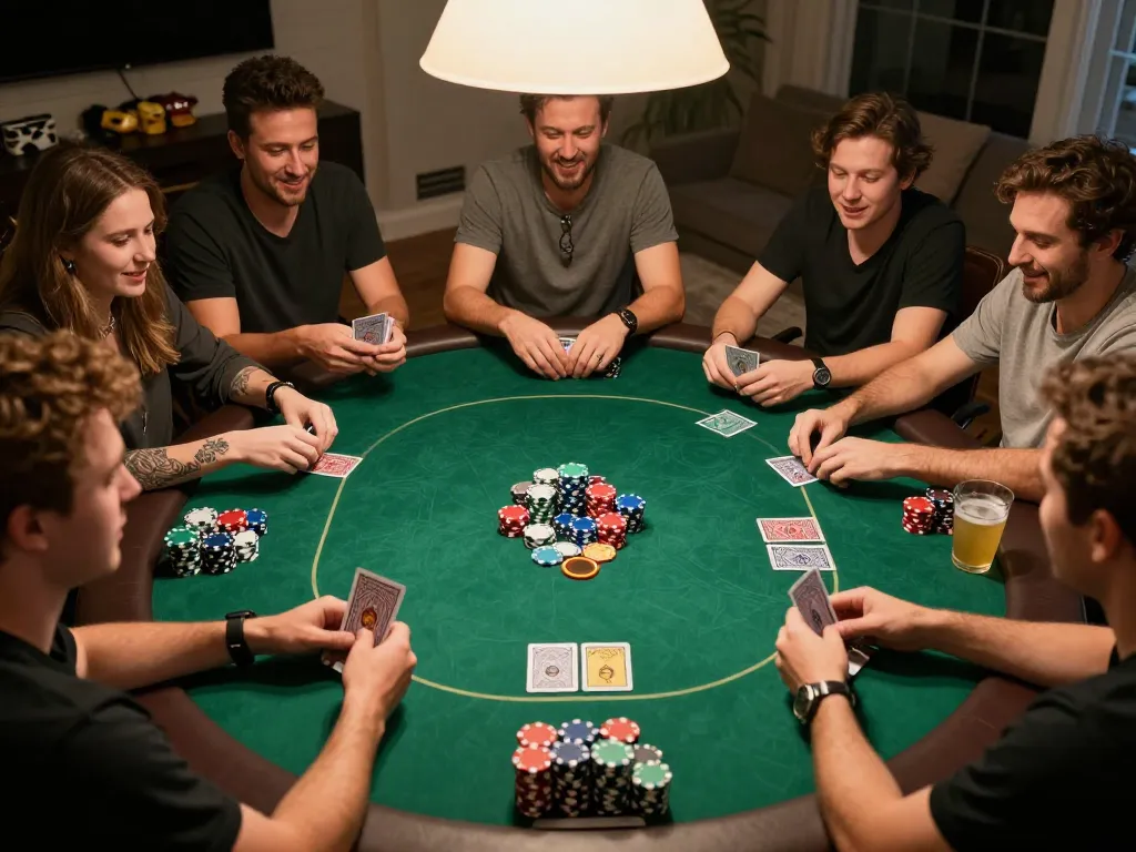 Teman-teman bermain poker di rumah, menunjukkan permainan strategis dengan https://www.youngsmarts.com/download.htm terlihat, menciptakan suasana yang mengundang.
