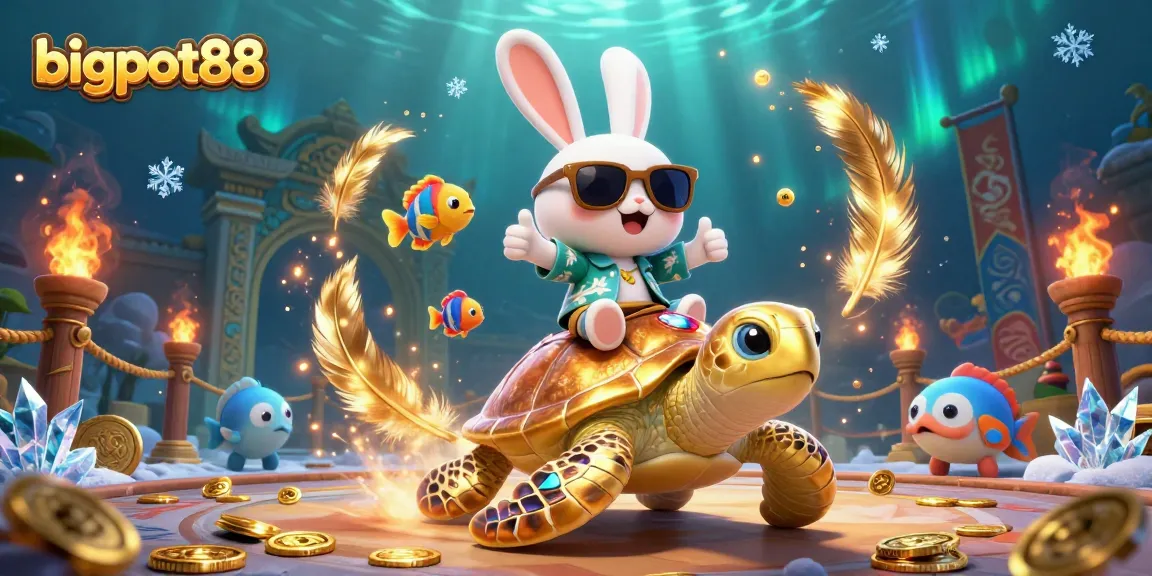Experience the vibrant action of bigpot88 with a lucky rabbit and turtle amidst casino elements.