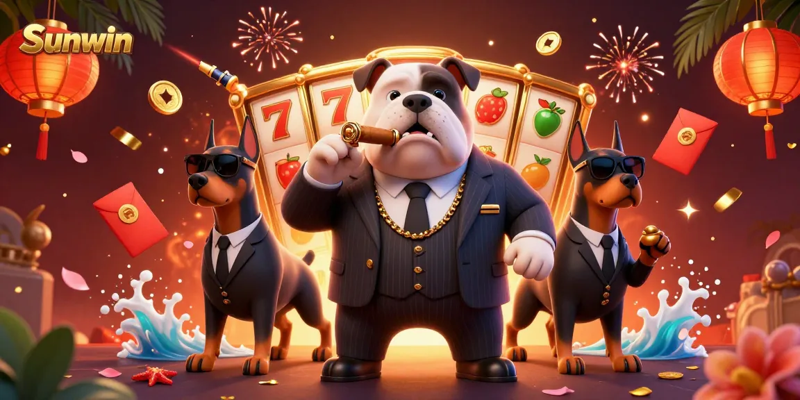 Dynamic scene showcasing Sunwin's casino excitement with a mafia bulldog and Doberman bodyguards amidst slot reels and rich game elements.
