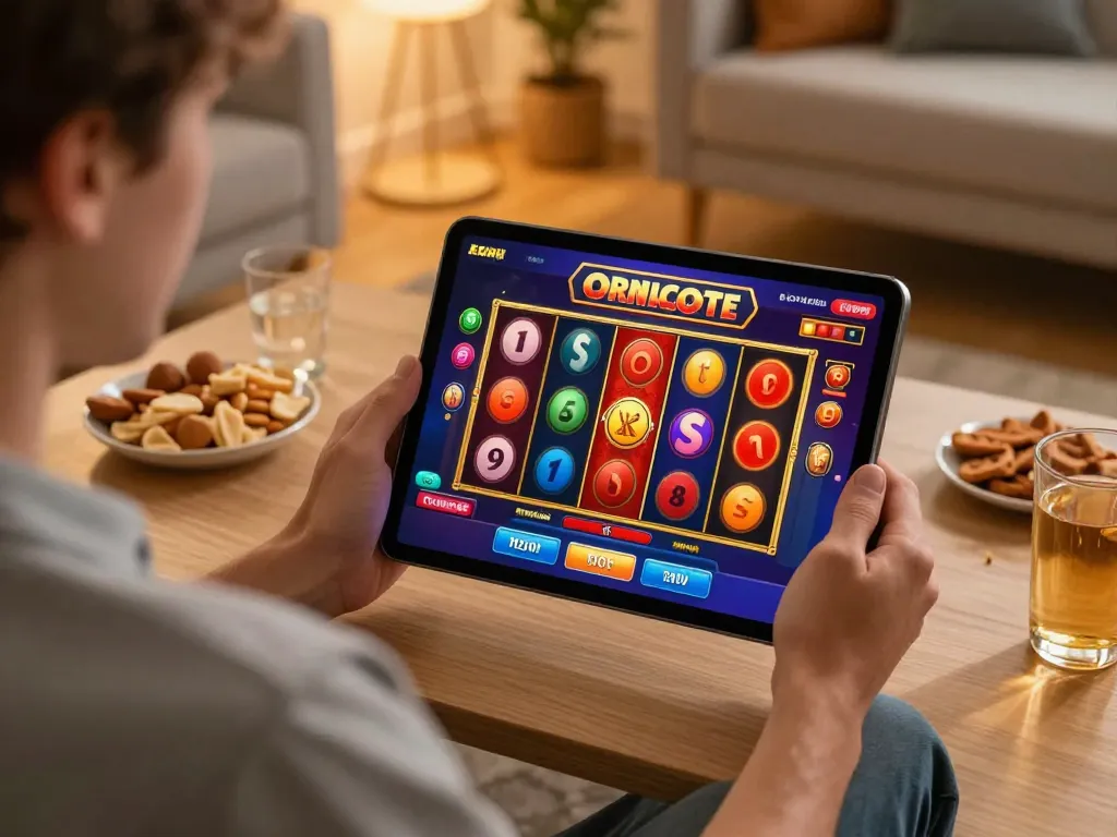 Engaged player enjoying slot online gameplay on a tablet in a cozy living room.