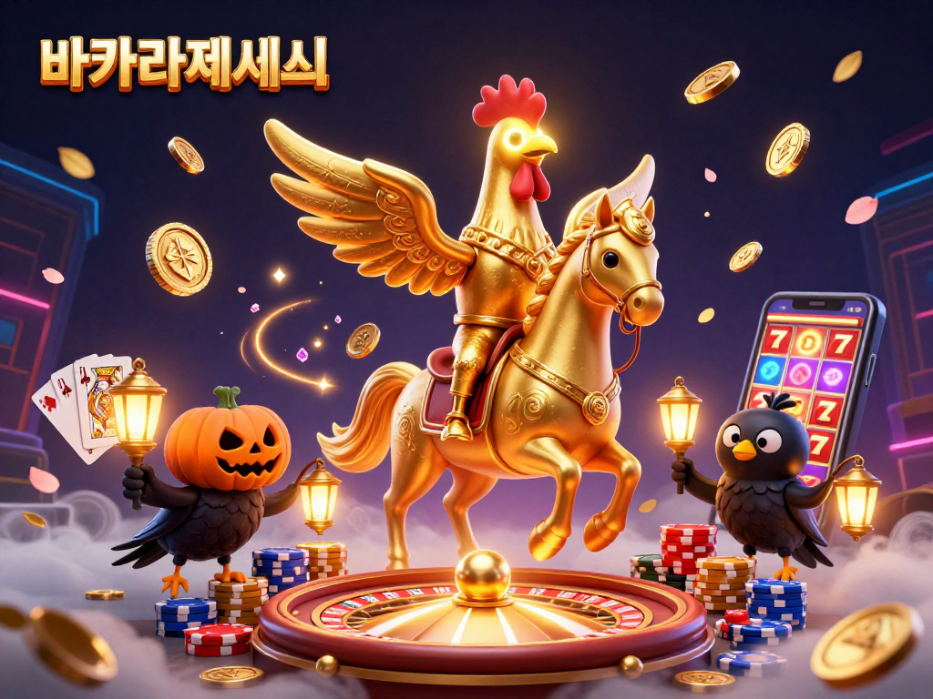 바카라사이트에서 실시간으로 게임을 즐기는 황금 수탉을 표현한 다채로운 일러스트