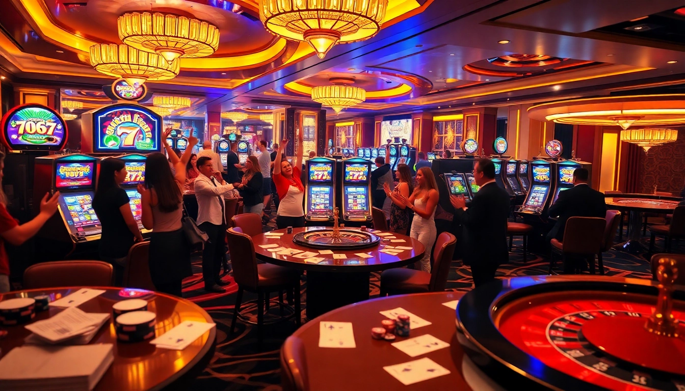 Players celebrating wins on vibrant slot gacor machines in a luxurious casino setting.