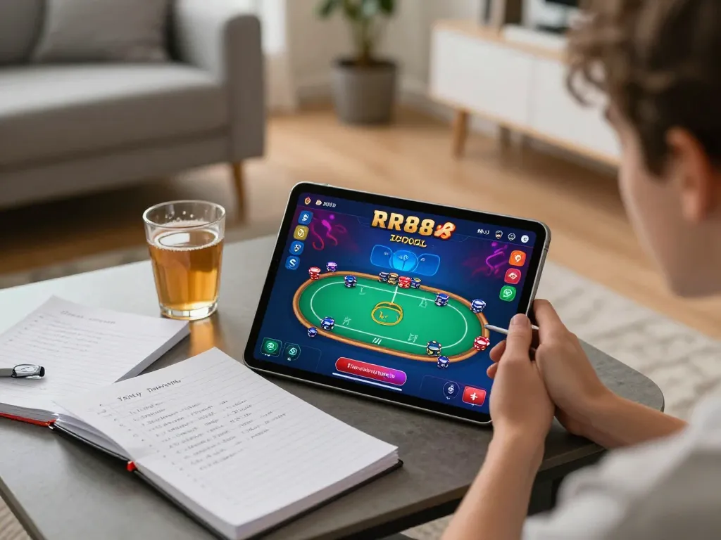 Player enjoying online gaming with RR88 app on tablet in a cozy home setting.