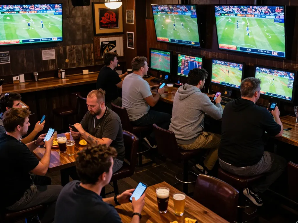 Fans placing bets on open 88 sports events in a lively bar atmosphere