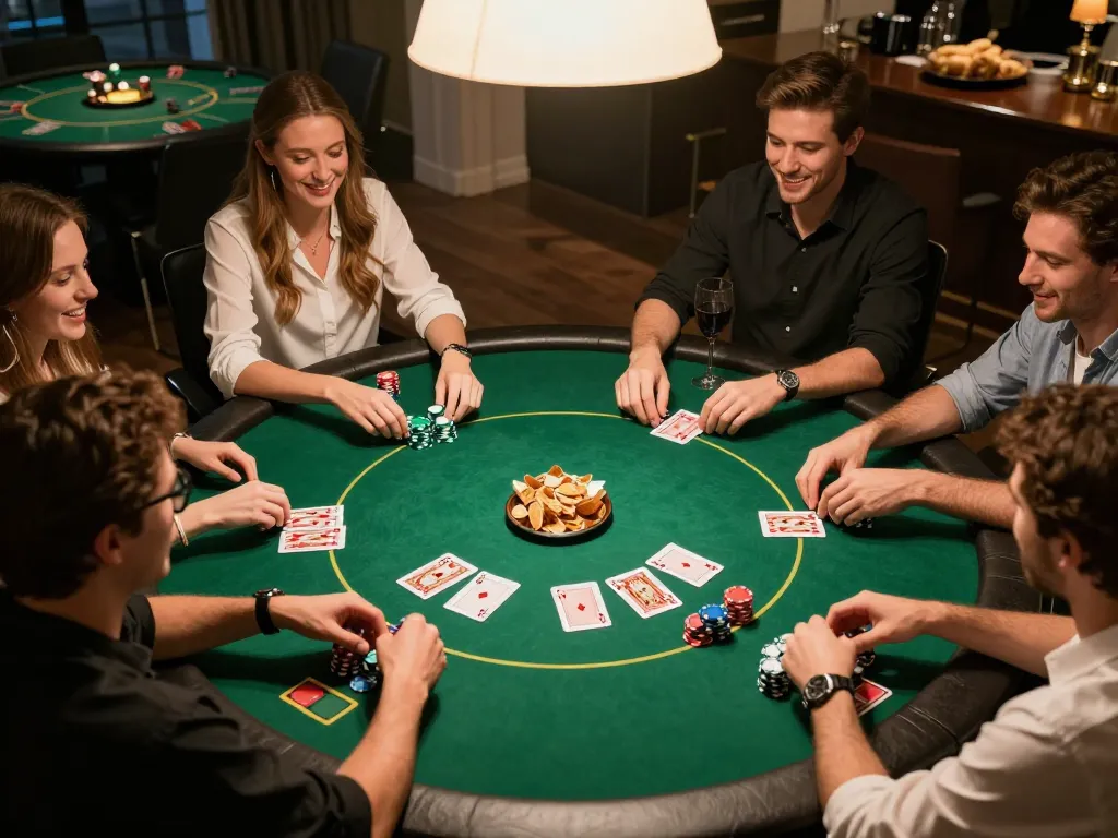 Players enjoying a friendly poker game night at home, showcasing F8BET strategies in action with vibrant atmosphere and snacks.