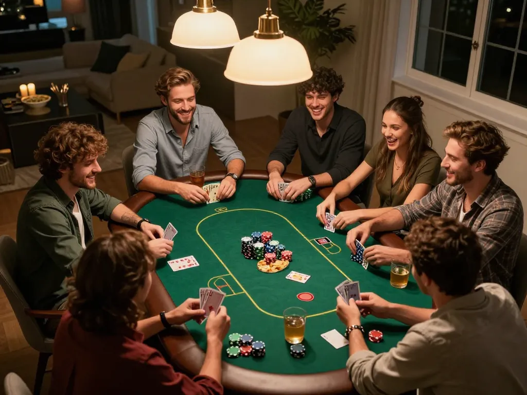 Friends enjoying a home poker night and aiming for a ku win while playing Texas Hold'em with snacks and drinks.
