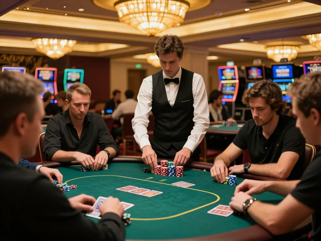 Players engaging in a kèo nhà cái poker game while managing their bets at a busy casino table.