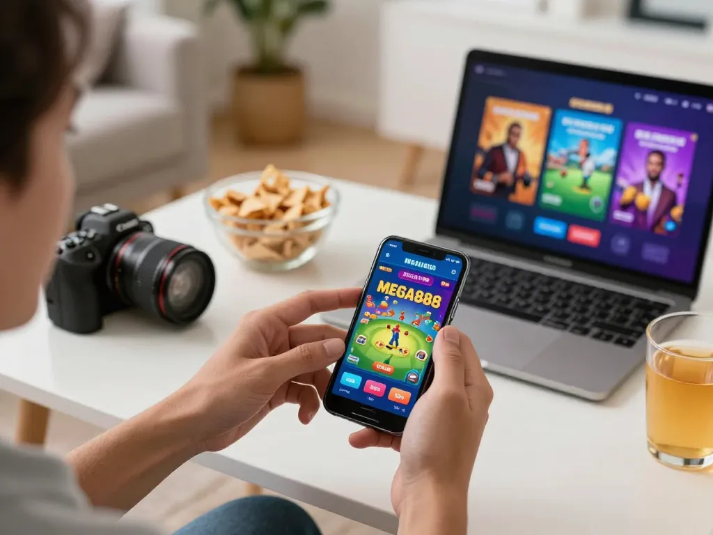 Engaging mobile gaming action on MEGA888 app in a cozy home setting with snacks.