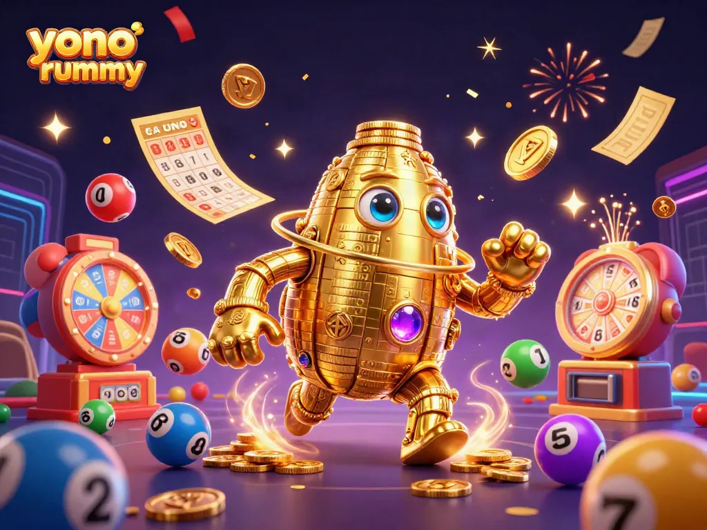 Yono Rummy menampilkan ruang permainan dengan karakter dan elemen lotre penuh warna.