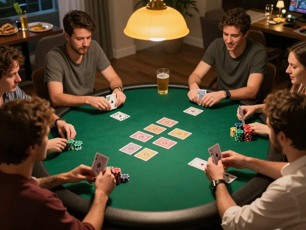 Friends enjoying a thrilling home poker night at a W4U casino game session.