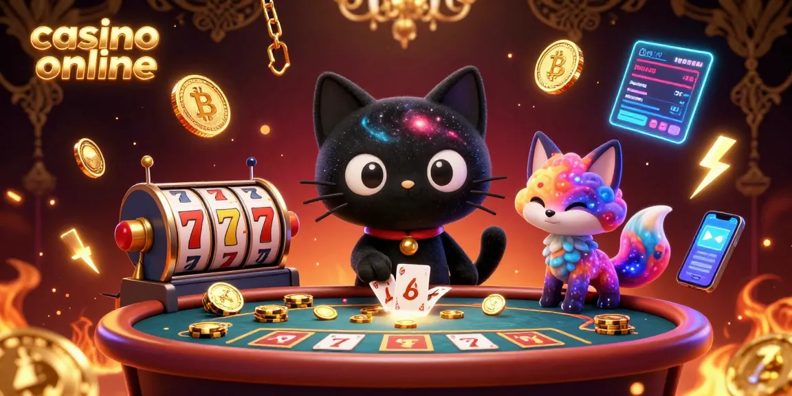 Engage in thrilling casino online action with a black hole cat and colorful fox at a cosmic table.