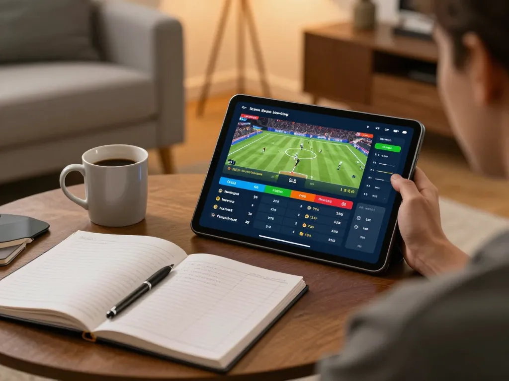 Engaged in online sports betting on https://keonhacai5.mobi/ at a cozy home setup with live odds displayed.