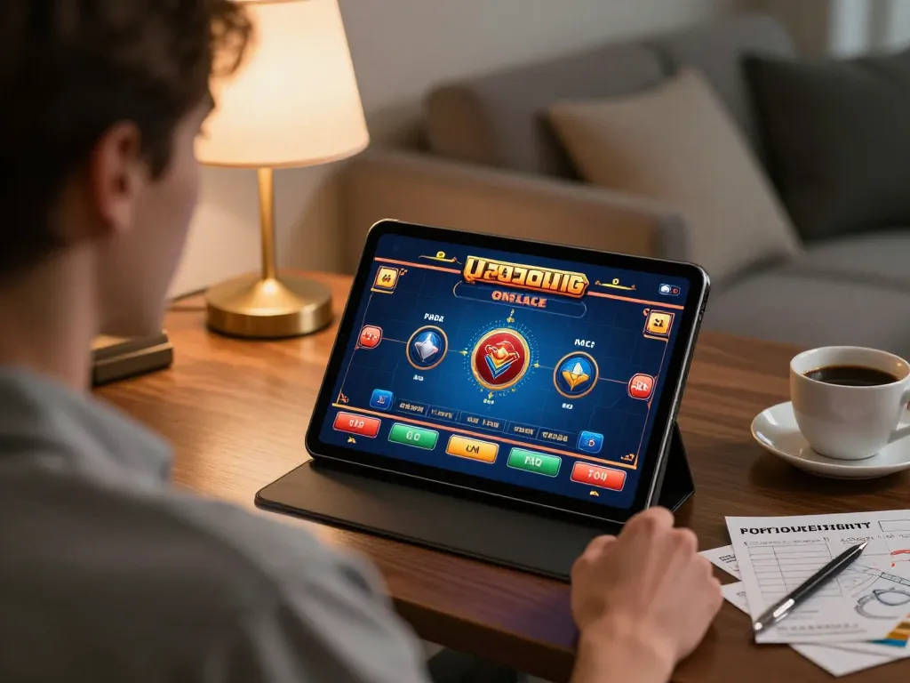 Player engaging in online casino gameplay on tablet showcasing lc88vina in a cozy home setting.