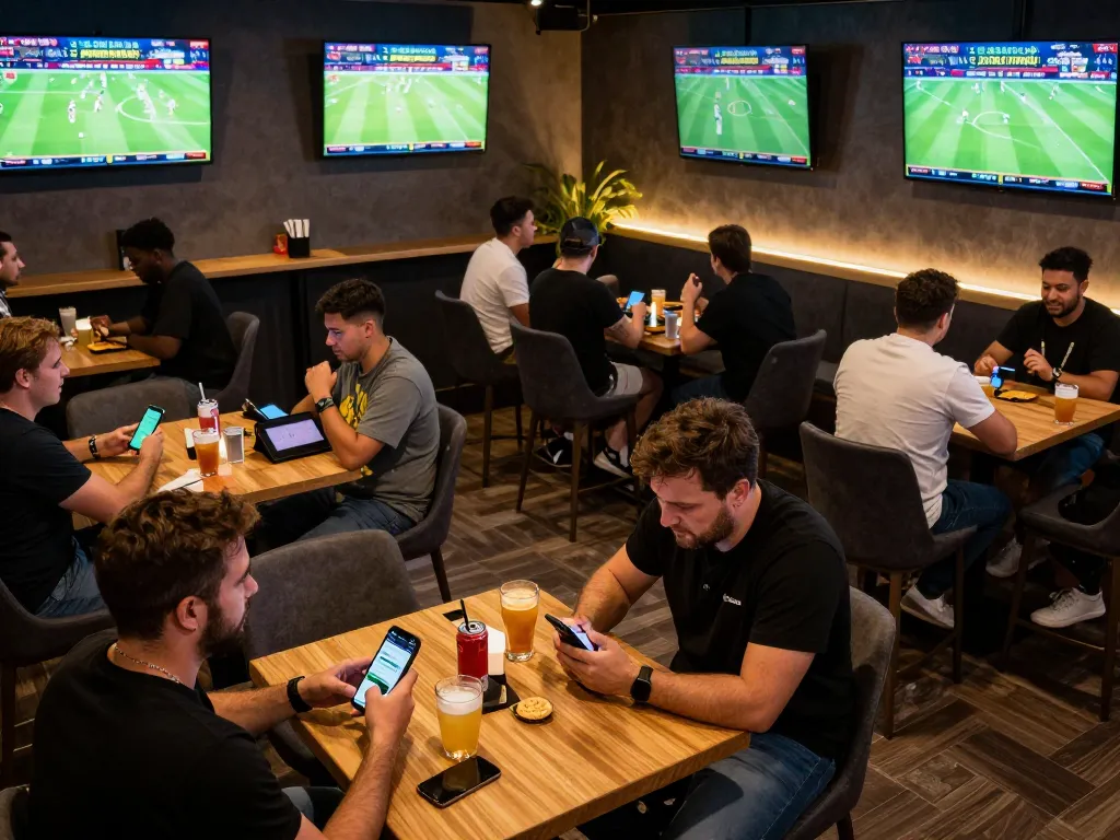 Engaged bettors celebrating a winning 7meter Parlay during a lively sports game.