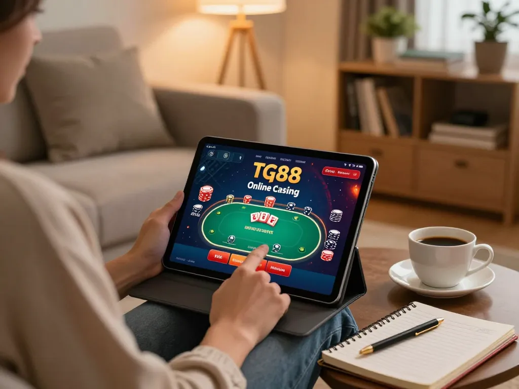 Person enjoying tg88 casino app on a tablet in a cozy home setting.