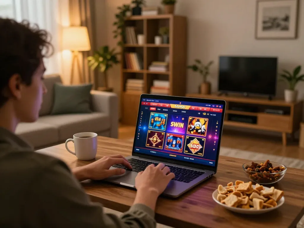 SUNWIN user engaged in online gaming on a laptop in a cozy home setting
