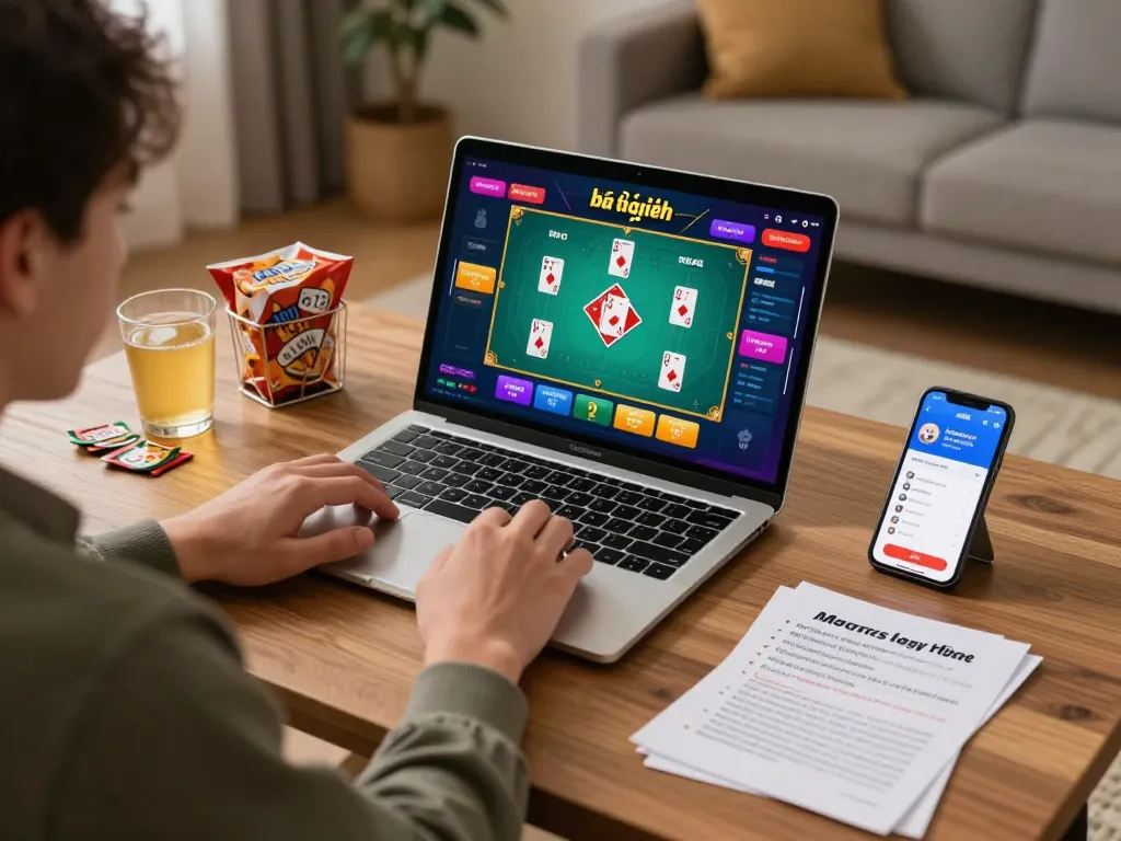 Engaging scene of game bài đổi thưởng gameplay on a laptop, representing strategic online gambling.