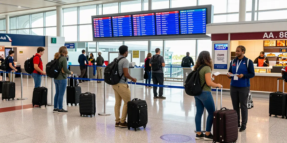 Travelers preparing for American Airlines flight AA 88 at a busy airport terminal.