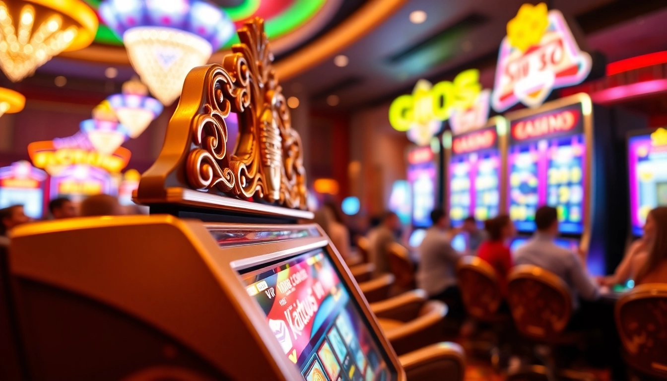 Katsu5 VIP Slot yang menampilkan suasana kasino yang meriah dan orang-orang merayakan kemenangan mereka.