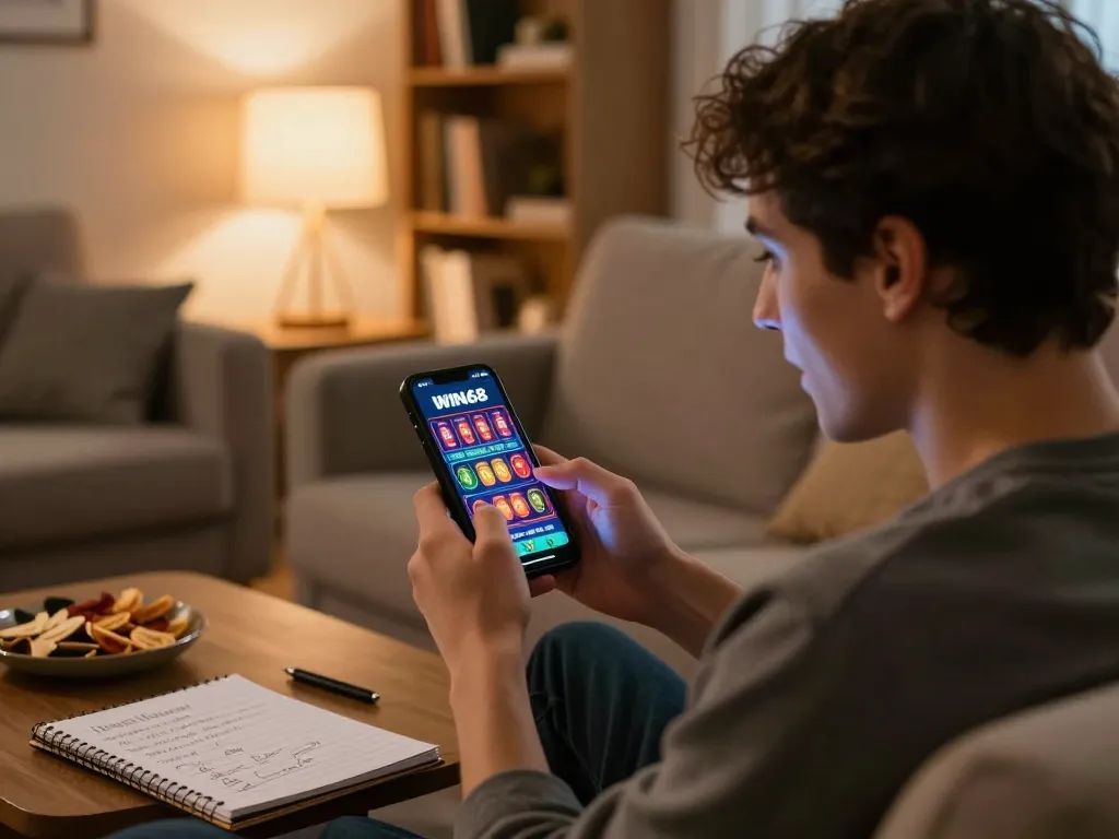 IWIN68 player enjoying mobile gambling experience in a cozy home setting.