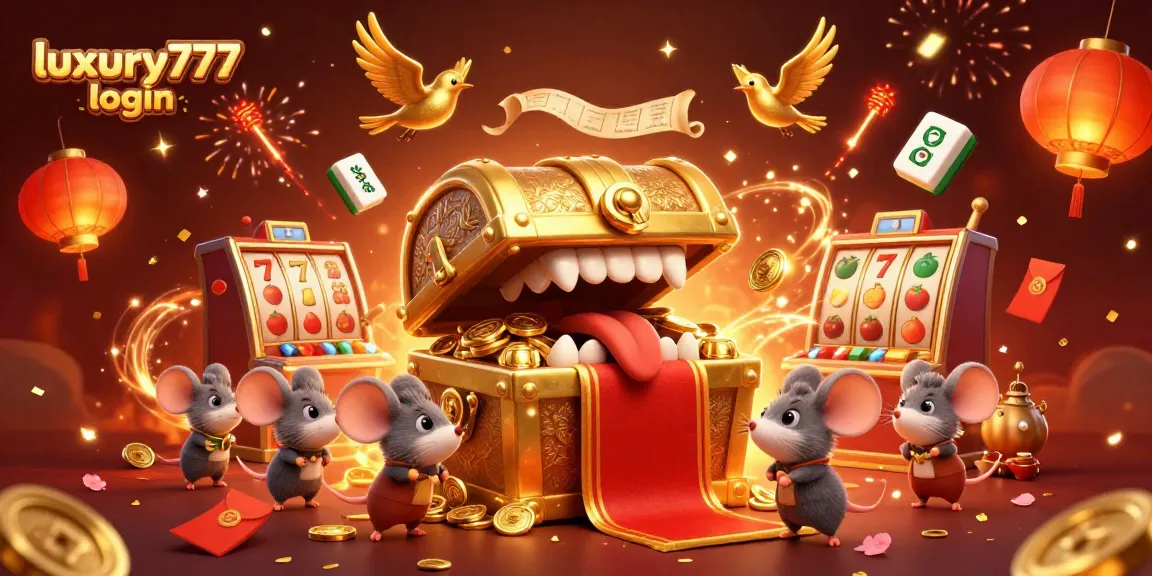 Login luxury777 dengan harta karun emas dan mouse petualang, penuh simbol slot berkilau.