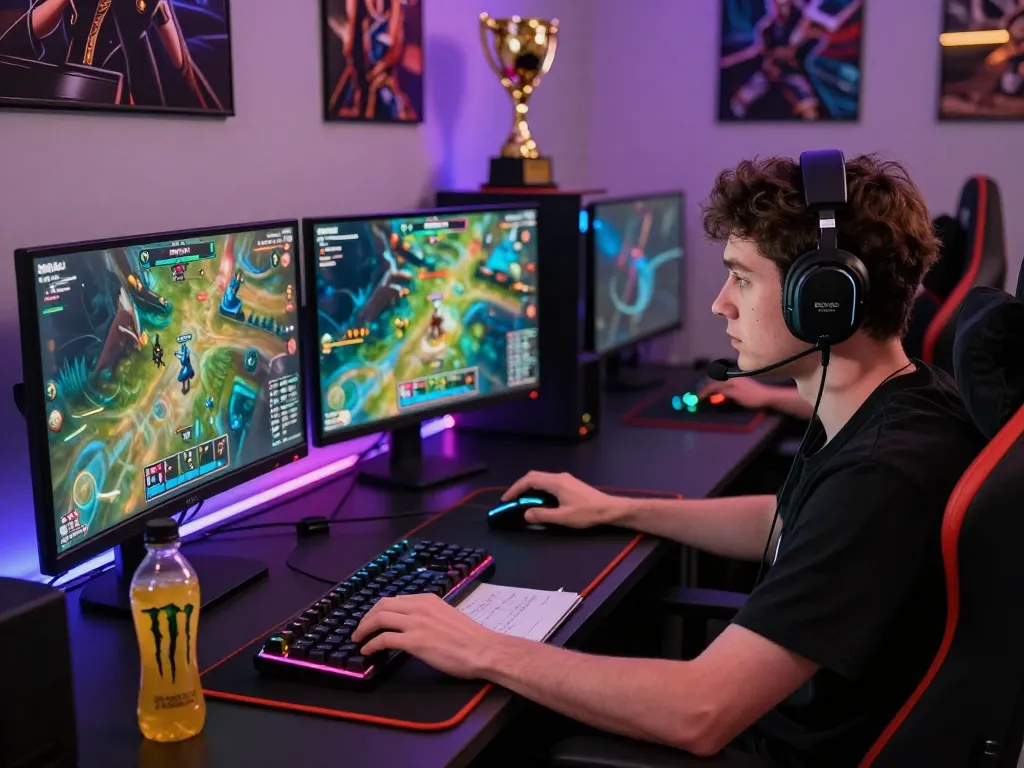 Player engaged in OMBAK77 gameplay with high-end setup, vibrant surrounding atmosphere.
