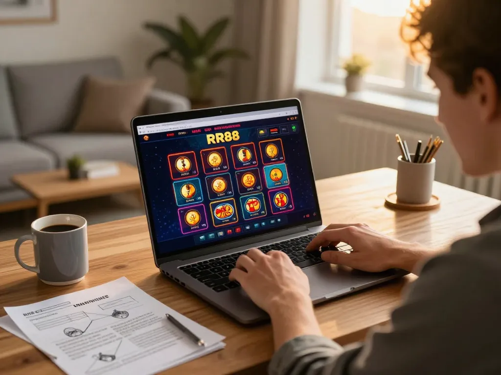 Player engaging with RR88 online casino, analyzing strategies with notes, in a cozy home setup.