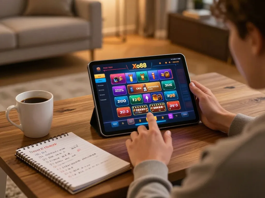 Xo88 player placing bets on a tablet with cozy home decor and strategic notes.