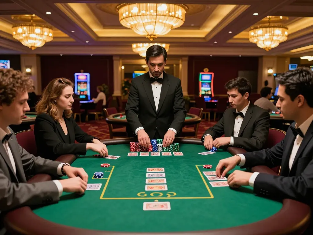 Pemain yang terlibat di meja blackjack, strategi todosobrecomunicacion dalam aksi di tengah suasana kasino yang mewah