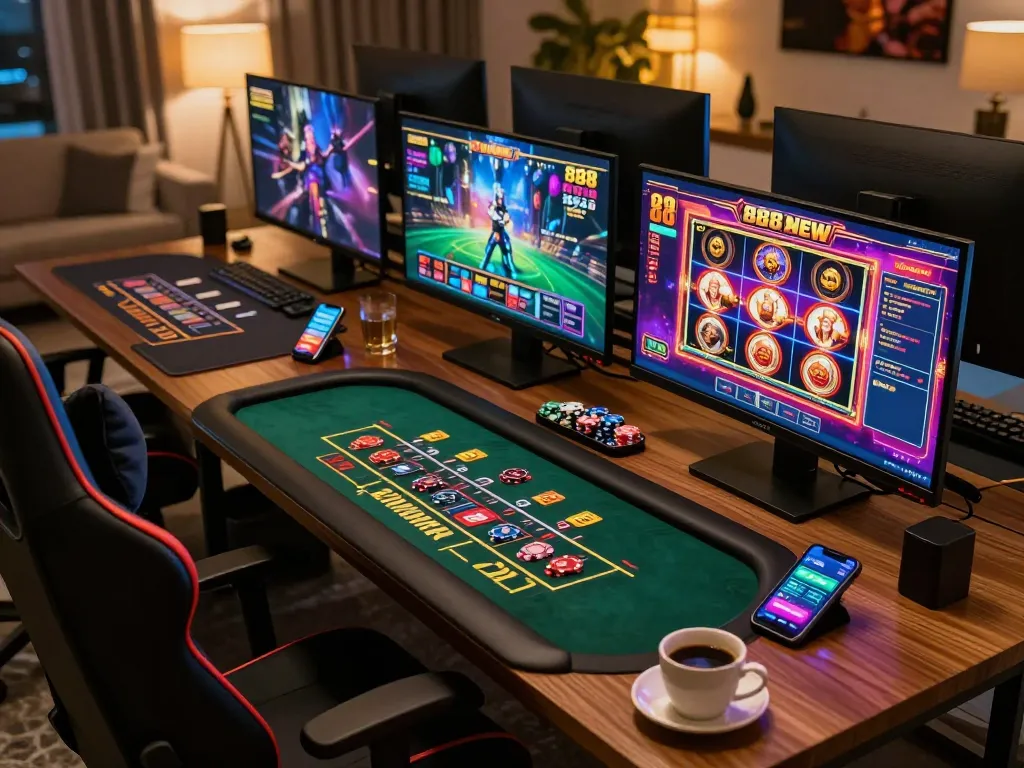 Engaging online gaming scene showcasing 888 NEW with vibrant screens displaying casino games and accessories.
