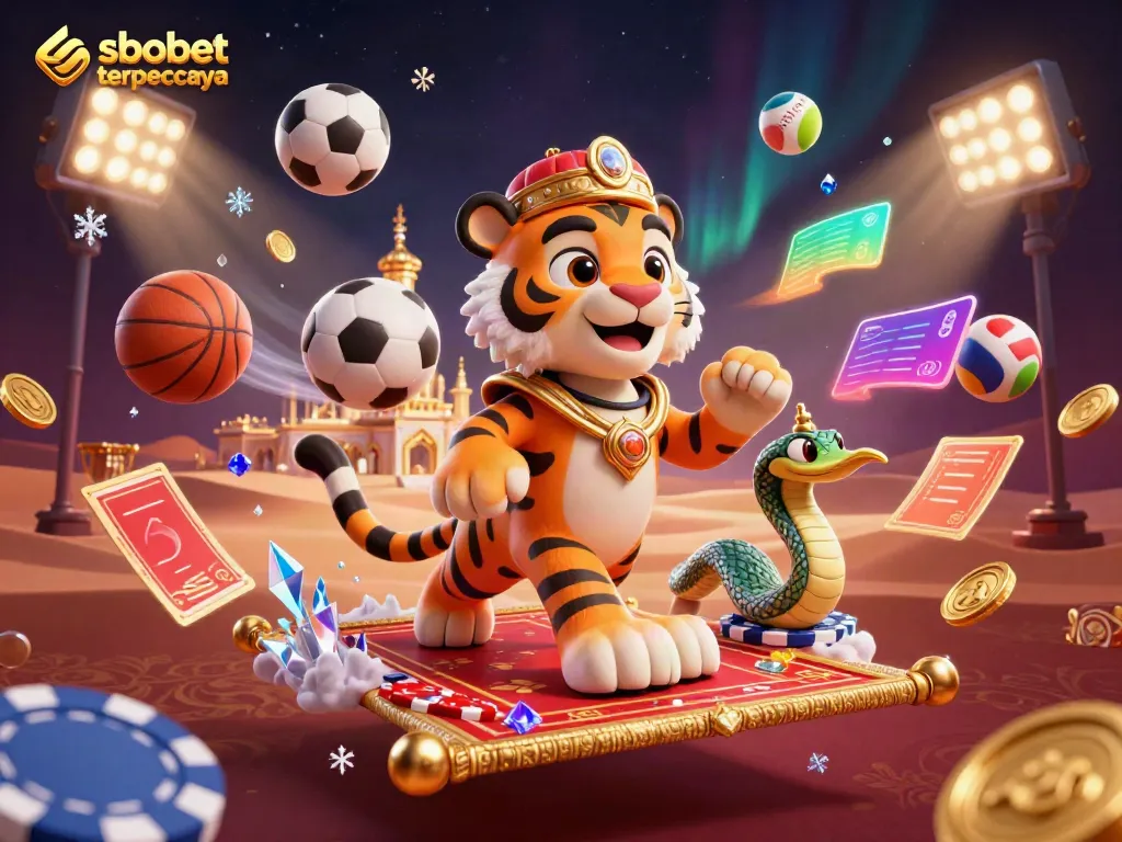 Experience sbobet terpercaya with an Arabian Nights-themed sultan on a flying carpet surrounded by dynamic sports elements.