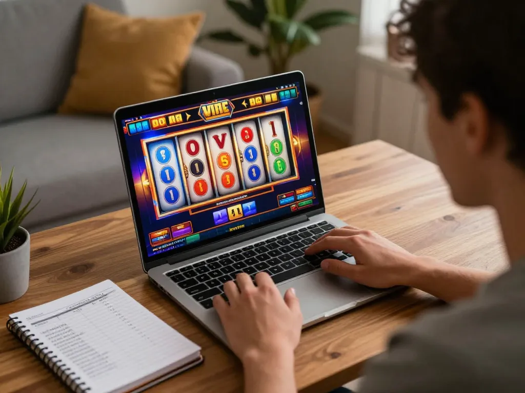 Player enjoying DEWASLOT online gaming with vibrant slot reels on a laptop, emphasizing responsible bankroll management.