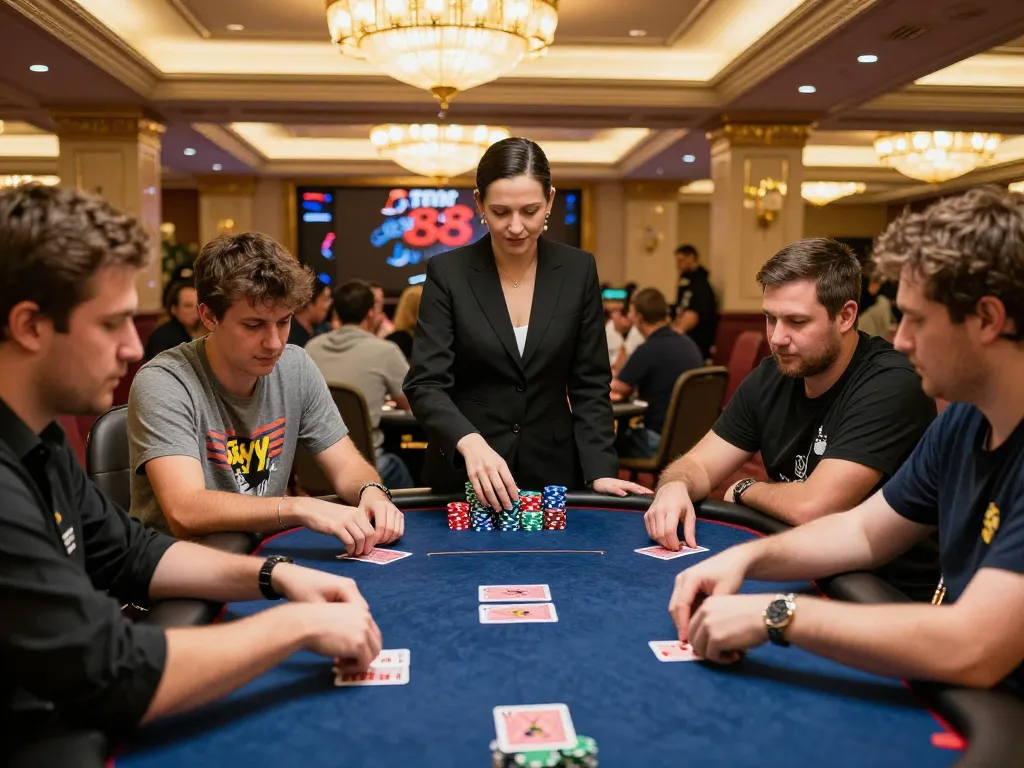 Players engaged in intense poker action at sky88, showcasing strategic gameplay and vibrant casino atmosphere.