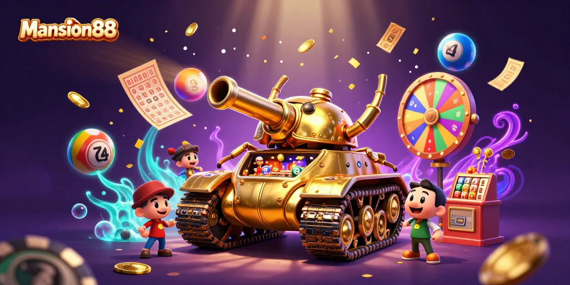 Mansion88 delivers excitement as the golden beetle tank showcases a lively casino with confetti and colorful lottery balls.