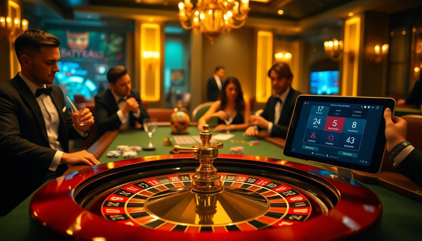 Engaging gambling scene at a casino featuring https://28bets.casino/ with poker chips and roulette.