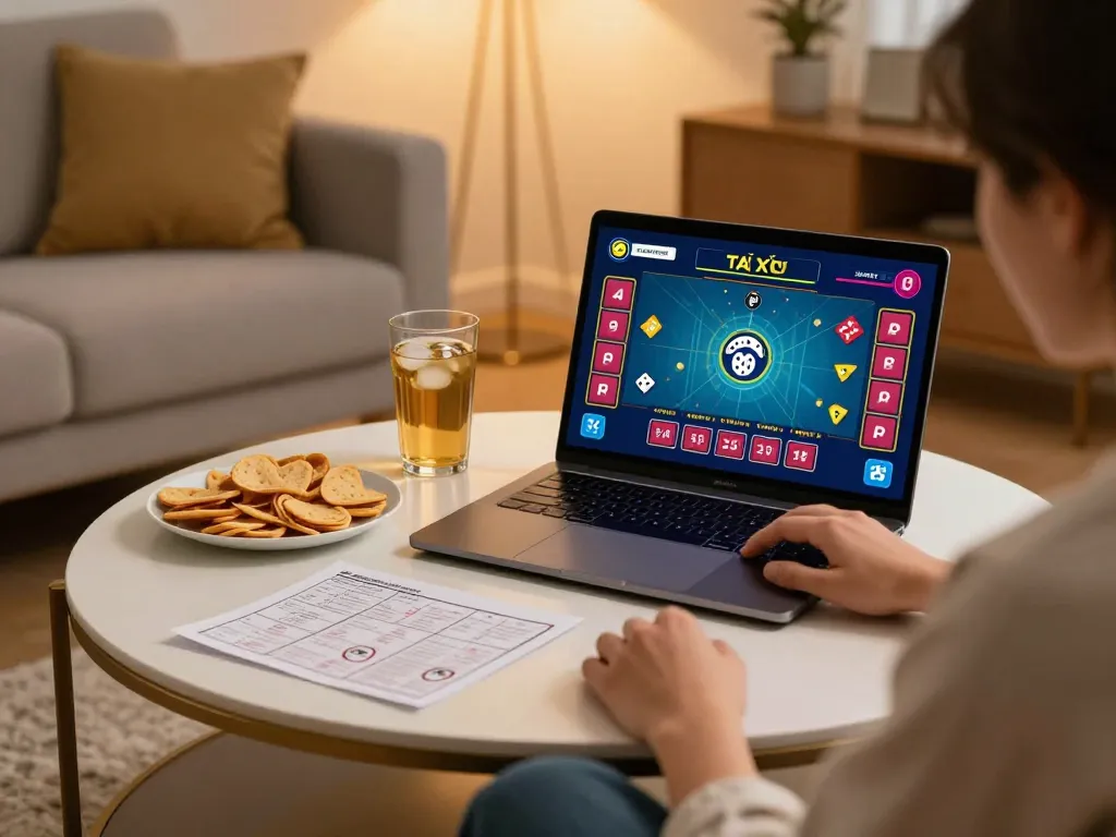 Tài xỉu online gameplay showcasing a player focused on rolling dice results on a laptop in a cozy home.