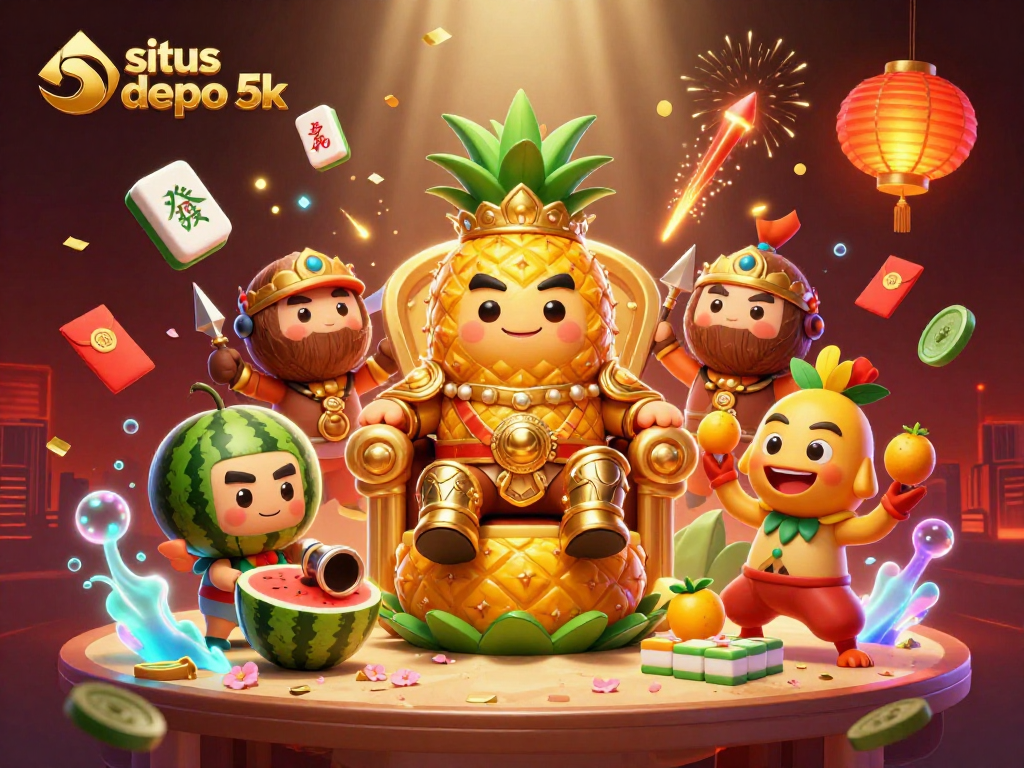 Experience the excitement of situs depo 5k with a vibrant 3D casino illustration featuring a golden pineapple king and engaging game elements.