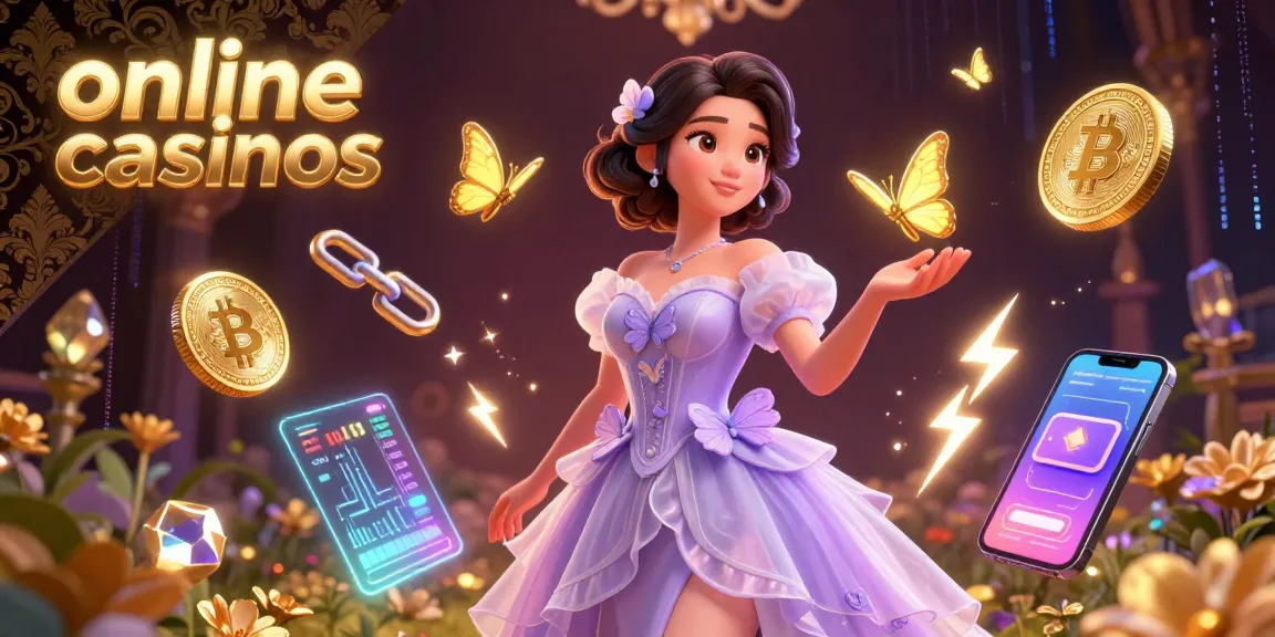 Engage with exciting online casinos showcasing a stunning woman amid golden butterflies and cryptocurrency elements.