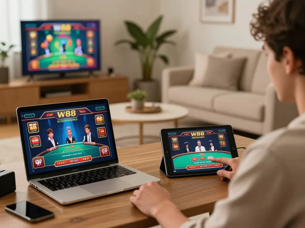 Engaging player enjoying W88 games on multiple screens in a cozy home setup.
