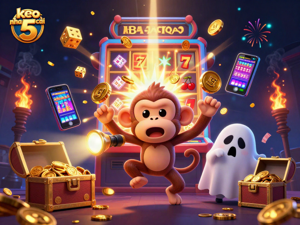 Engaging action scene of keo nha cai 5 featuring a mischievous monkey and ghost-hunter puppy in a vibrant haunted casino
