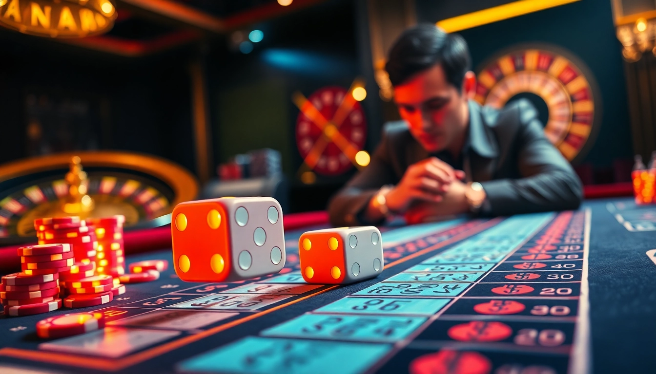 Tài xỉu md5 table with dice and poker chips, showcasing the thrill of online gambling.