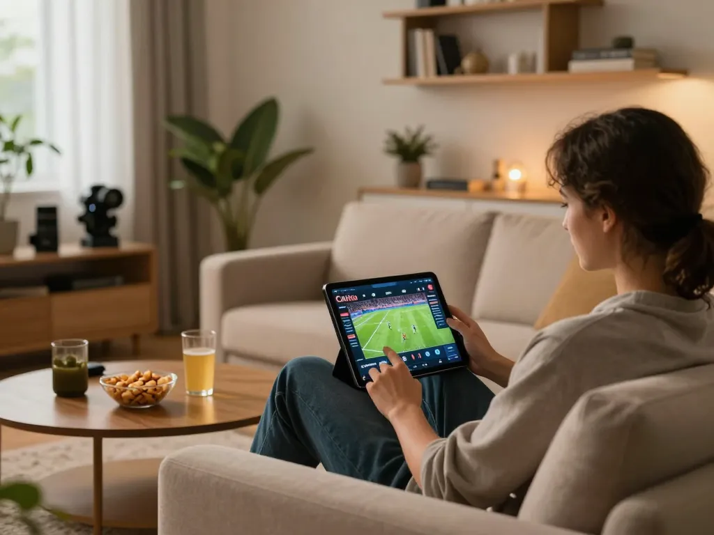 Cakhia user enjoying live football streaming on a tablet during a cozy home gaming session.