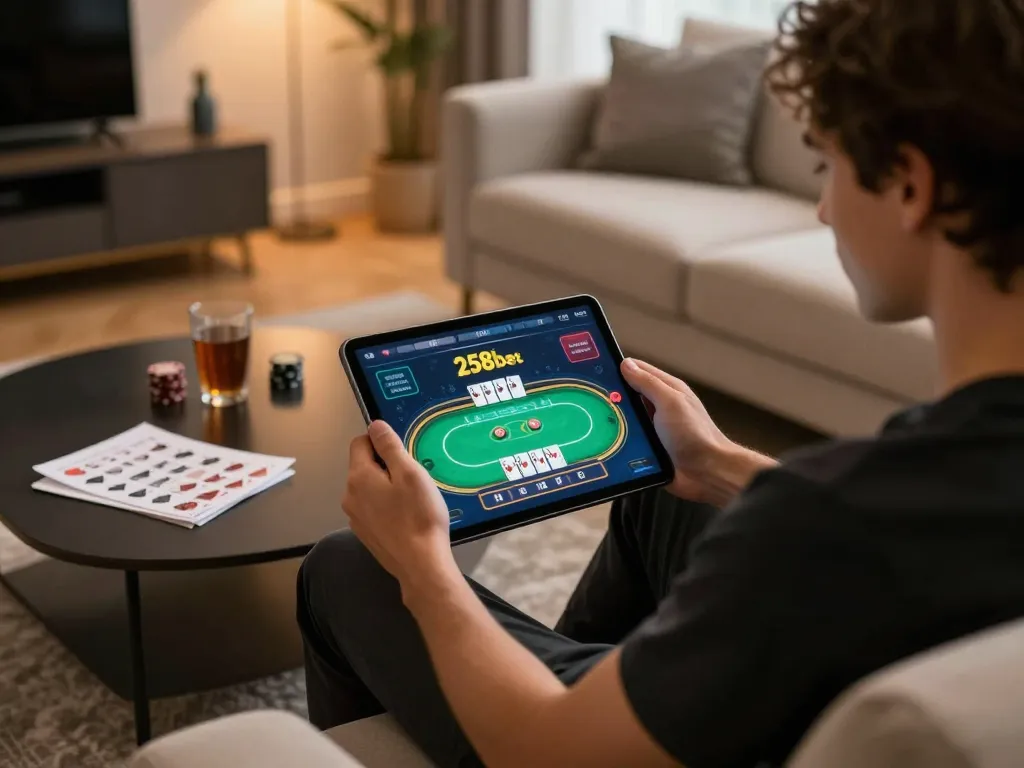 Engaging with the 258bet online gambling app on a tablet in a cozy home setting.