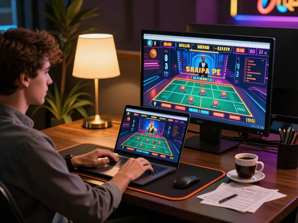 Engaging in exciting mm88 live dealer games at home with strategy notes and laptop in view.