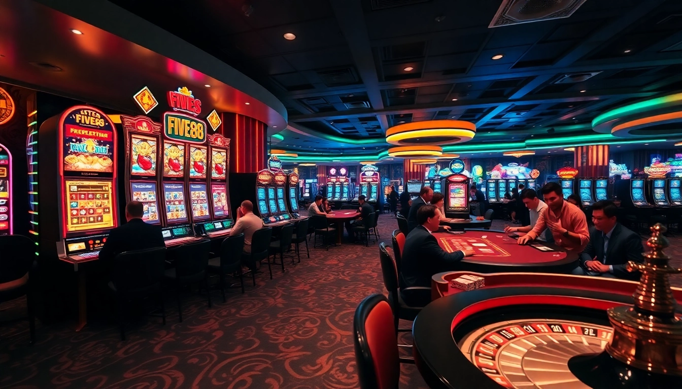 Exciting gaming experience at FIVE88 casino with vibrant slot machines and thrilling table games.