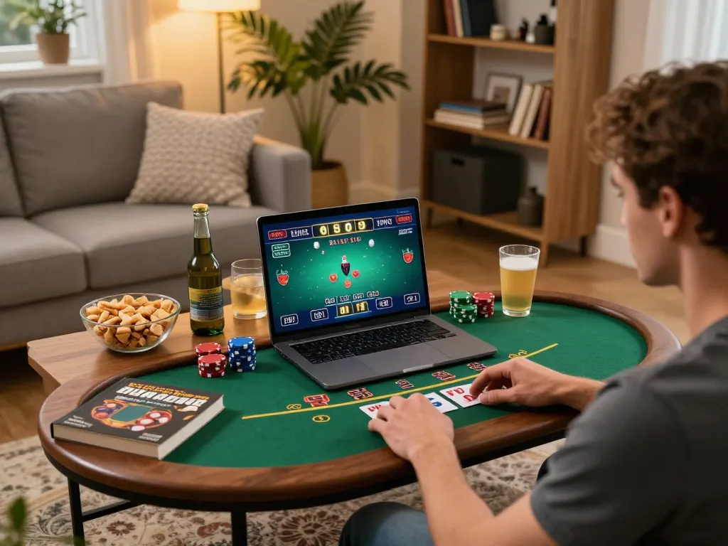Player enjoying an engaging nk88 live dealer blackjack session at home, showcasing strategic gameplay and comfortable atmosphere.