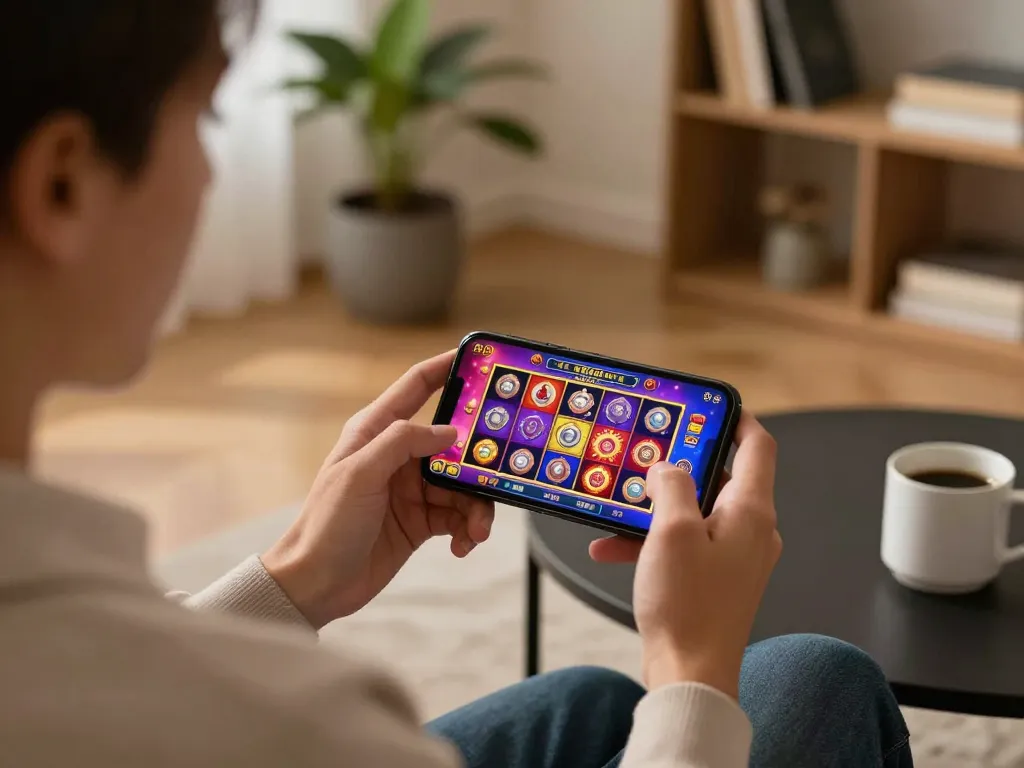 Player enjoying slot games on mm88 com mobile app in a cozy home setting.