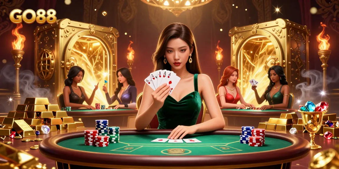 Experience winning strategies at GO88 with a stunning 3D illustration of a poker scene.