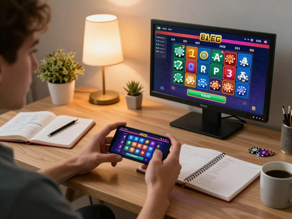 Play smart and win with BOTUNA555 in an engaging online casino game setup featuring a vibrant smartphone app.