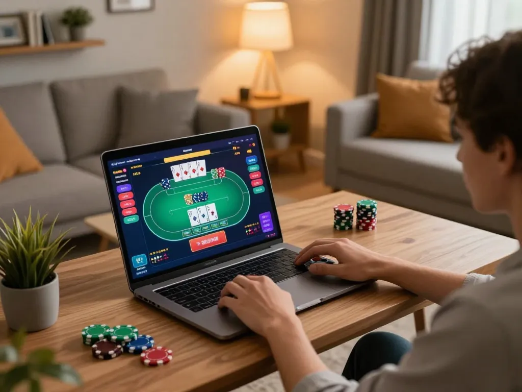 Engaging online gaming scene with bdtk66.one displayed on laptop, showcasing home gambling comfort.
